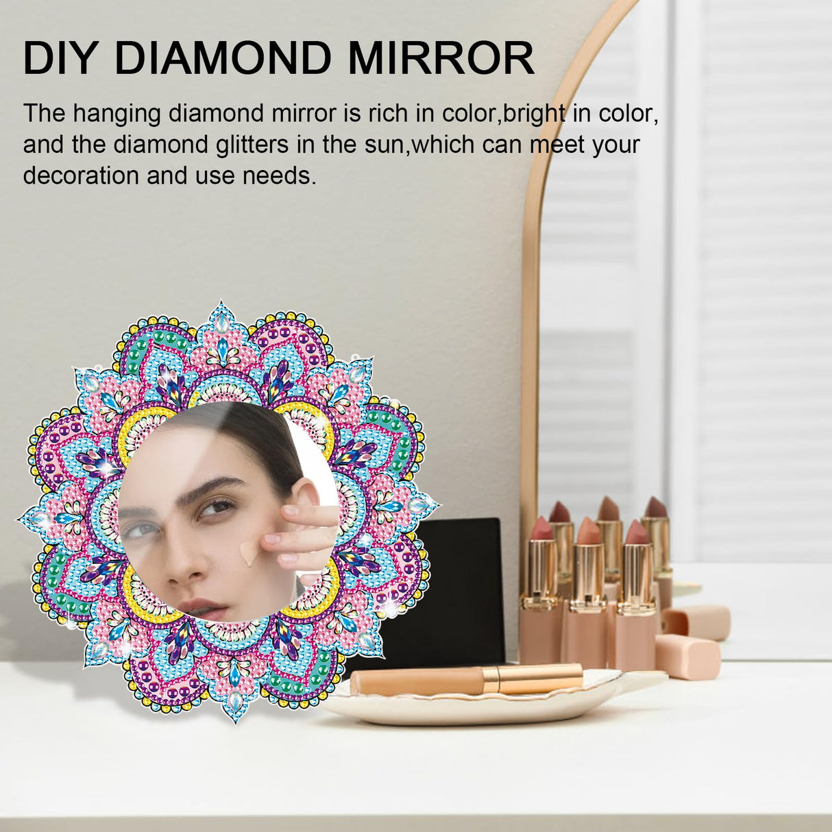 DIY Diamond Painting Mirror for Adults DIY Special Shaped Crystal Diamond Painting Kit Mandala Mirror Makeup Mirror Christmas Halloween Birthday Gifts Art Crafts Home Decor (Pink-Blue) antor