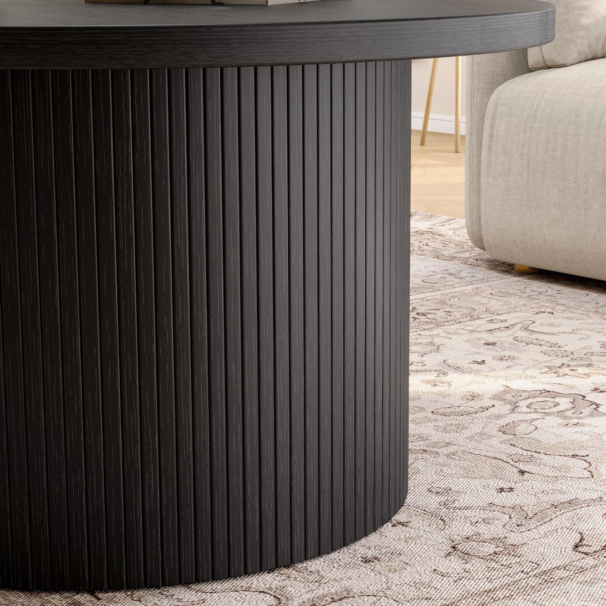 ONBRILL 31.5" Round Coffee Table, Tambour Design Coffee Tables for Living Room, Mid Century Modern Wood Coffee Table, Drum Accent Small Center Table, Black ONBRILL