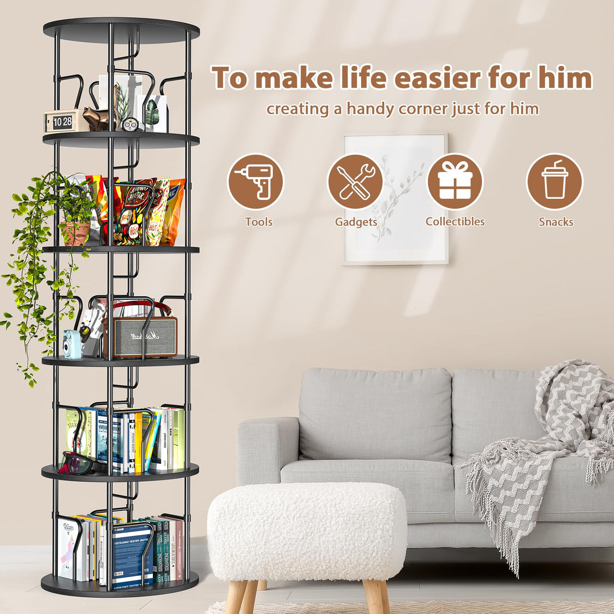 VYRIVA 5 Tier Rotating Bookshelf Tower, 360° Display Round Bookcase, Floor Standing Corner Revolving Bookshelf Organizer Storage Rack for Home Study Office, Small Spaces VYRIVA