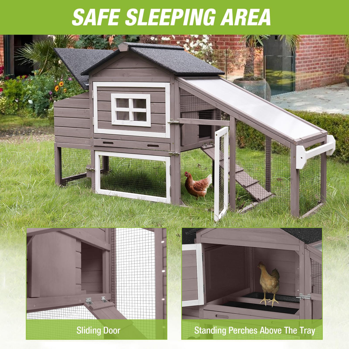 GUTINNEEN Chicken Coop Mobile Hen House Wooden with Run Poultry Cage with Nesting Box,Field Grey GUTINNEEN