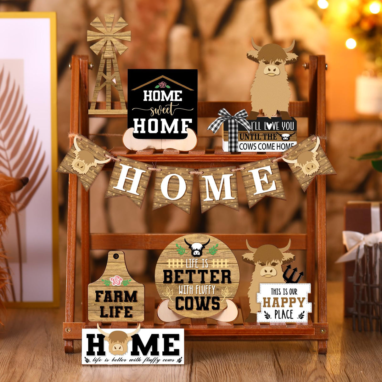 Soaoo 16 Pcs Highland Cow Tiered Tray Decor Gnome Plush Tray Decor Farmhouse Rustic Wood Table Signs with String Lights for Holiday Table Centerpieces Home(Highland Cow) Soaoo