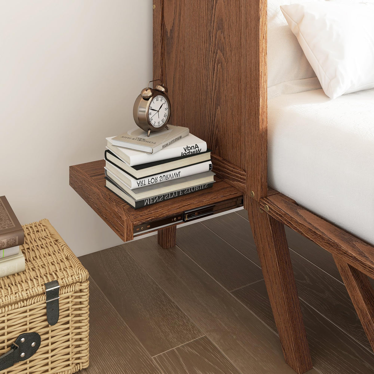 LUMISOL Full Size Cabinet Murphy Bed with USB Port and Removable Shelves on Each Side, Solid Pine Wood Murphy Cabinet Bed for Home Office Guest Room, Walnut LUMISOL