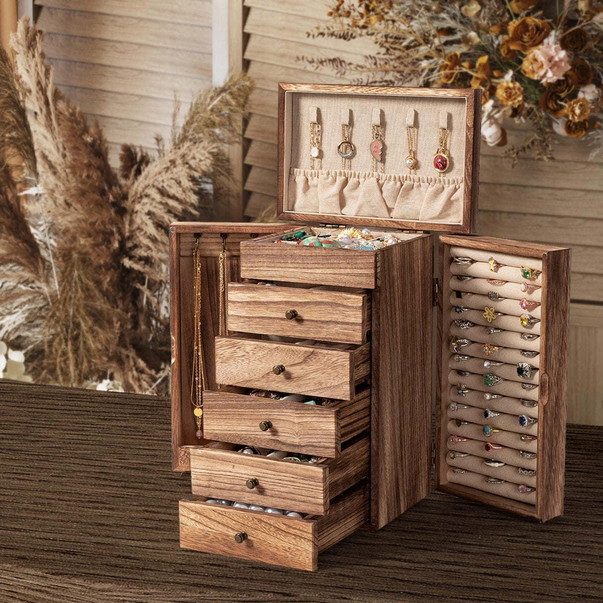 Poyilooo Large Jewelry Boxes for Women Girls, 9"x 5.9"x 12" Wooden 5-Layers Jewelry Organizer and Storage With Drawer, Suitable for Earring, Ring, Necklace, Bracelet. Gifts for Women Poyilooo
