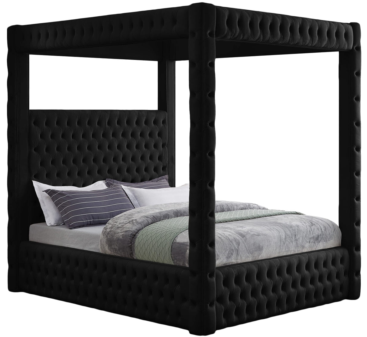 Meridian Furniture RoyalBlack-K Royal Collection Modern | Contemporary Velvet Upholstered King Bed with Soft Black Velvet, Deep Elegant Tufting, Canopy, 86.5" W x 89" D x 87" H, Black, King Meridian Furniture