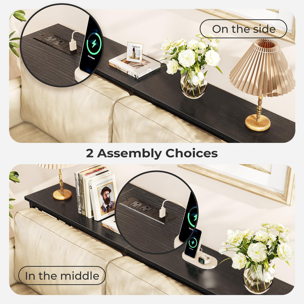 SUPERJARE 70 Inch Console Table with 2 Outlets, 1 Type-C and 1 USB Port, Extra Long Entryway Table with Metal Frame and X-Shaped Bars, Narrow Sofa Table for Living Room, Hallway, Black SUPERJARE