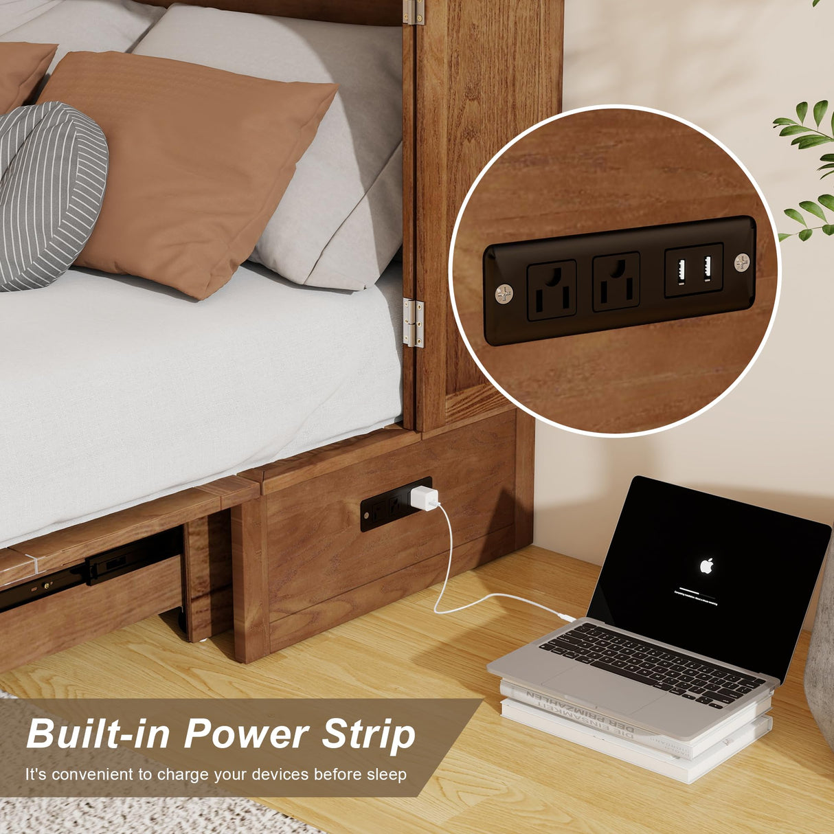 Keloyid Solid Wood Murphy Bed Cabinet:Queen Size Murphy Bed with USB Charging Station and Large Storage Drawer for Home,Optimize Sleeping Space(Mattress Not Included) Khaki-23 Keloyid