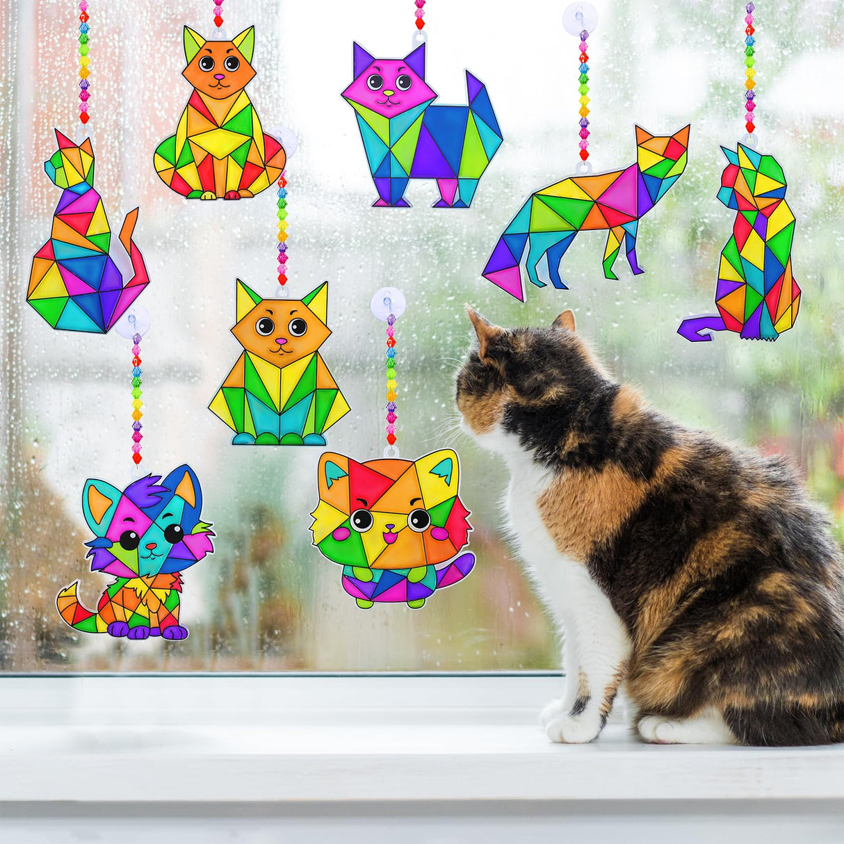 Winlyn 24 Sets Cat Suncatcher Ornaments Decorations DIY Window Paint Art Craft Kits Rainbow Kitten Sun Catchers Painting Kit for Kids Classroom Activities Birthday Summer Camping Party Art Project Winlyn