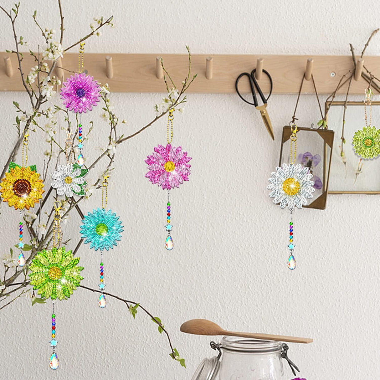 JeCuiK 6 Pcs Daisy Diamonds Painting Wind Chimes Suncatcher Double Sided Flower Rhinestone Painting Wind Chime 5D DIY Crystal Diamond Painting Kits Paint by Number Hanging Ornaments Mom Gifts JeCuiK