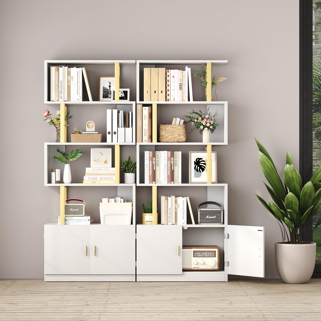 Yusong Geometric Bookcase with Cabinet, S Shaped Bookshelf 5-Tier Book Shelves for Bedroom, Modern Wood Decorative Display Shelf Tall Book Case for Home Office, Gold and White Yusong