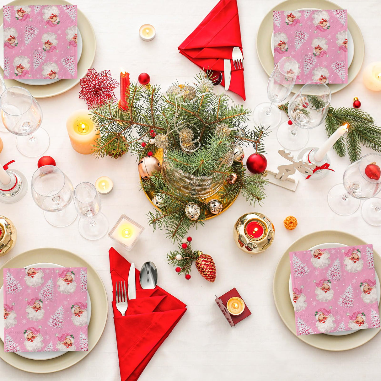AnyDesign 80 Pack Pink Christmas Napkins Santa Xmas Tree Disposable Napkins Merry Christmas Paper Luncheon Napkins for Xmas Winter Holiday Birthday Party Supplies, 6.5 x 6.5 Inch Generic