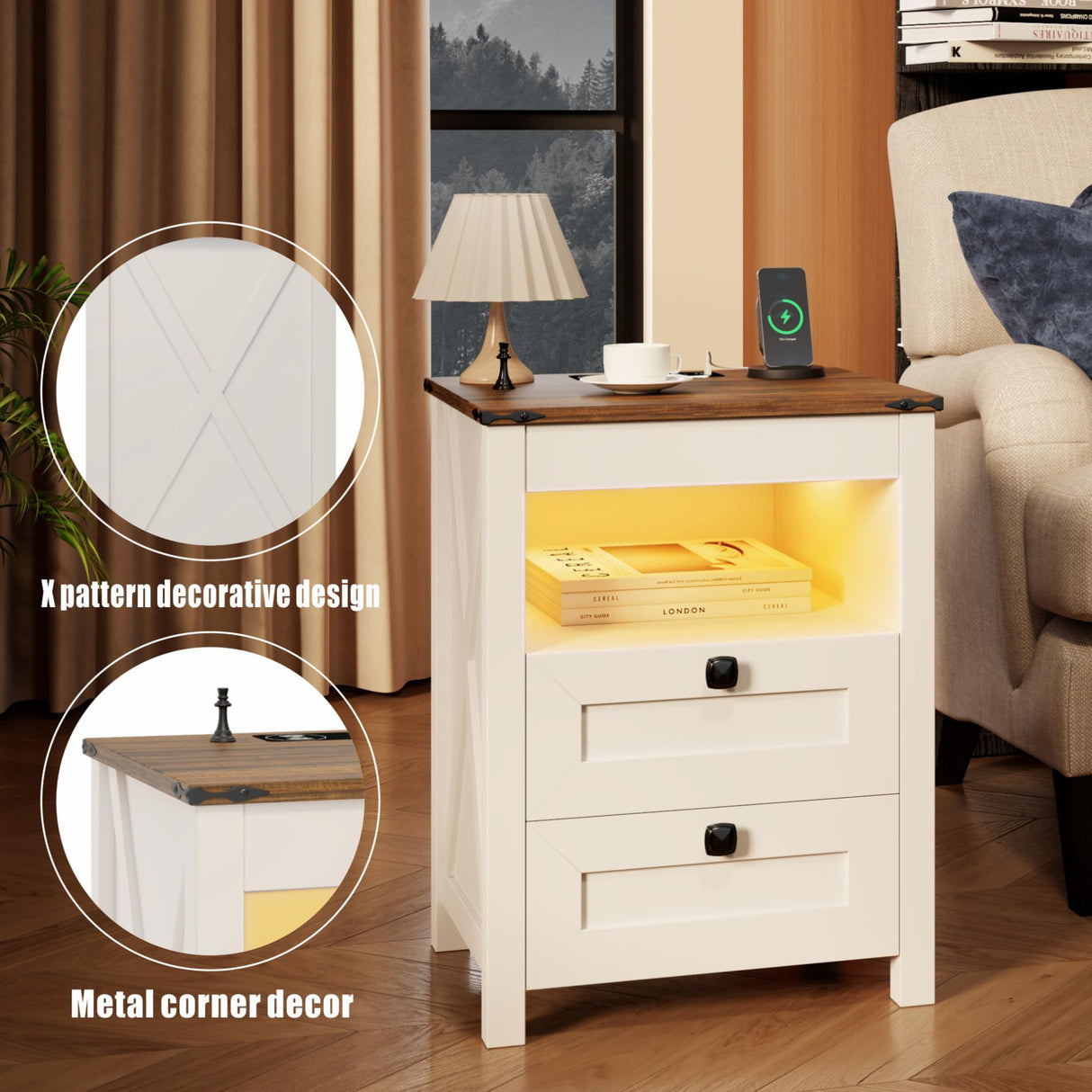 LED Nightstand with Gun Drawer: Bedside Table with Charging Station for Bedroom Furniture – Farmhouse Night Stand with 3 Colors Smart Human Sensor Lights for Living Room End Table, White HWB
