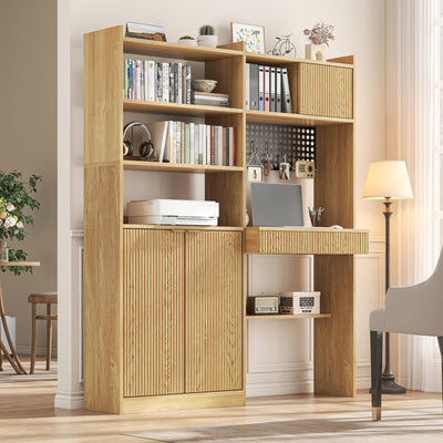 Semoic 70.87" Tall Bookshelf with Door & Drawer, 6 Tier Wooden Bookcase with LED Light & Power Outlets, Large Wide Book Shelf with Storage Cabinet, Floor Standing Display Shelf for Living Room, Brown