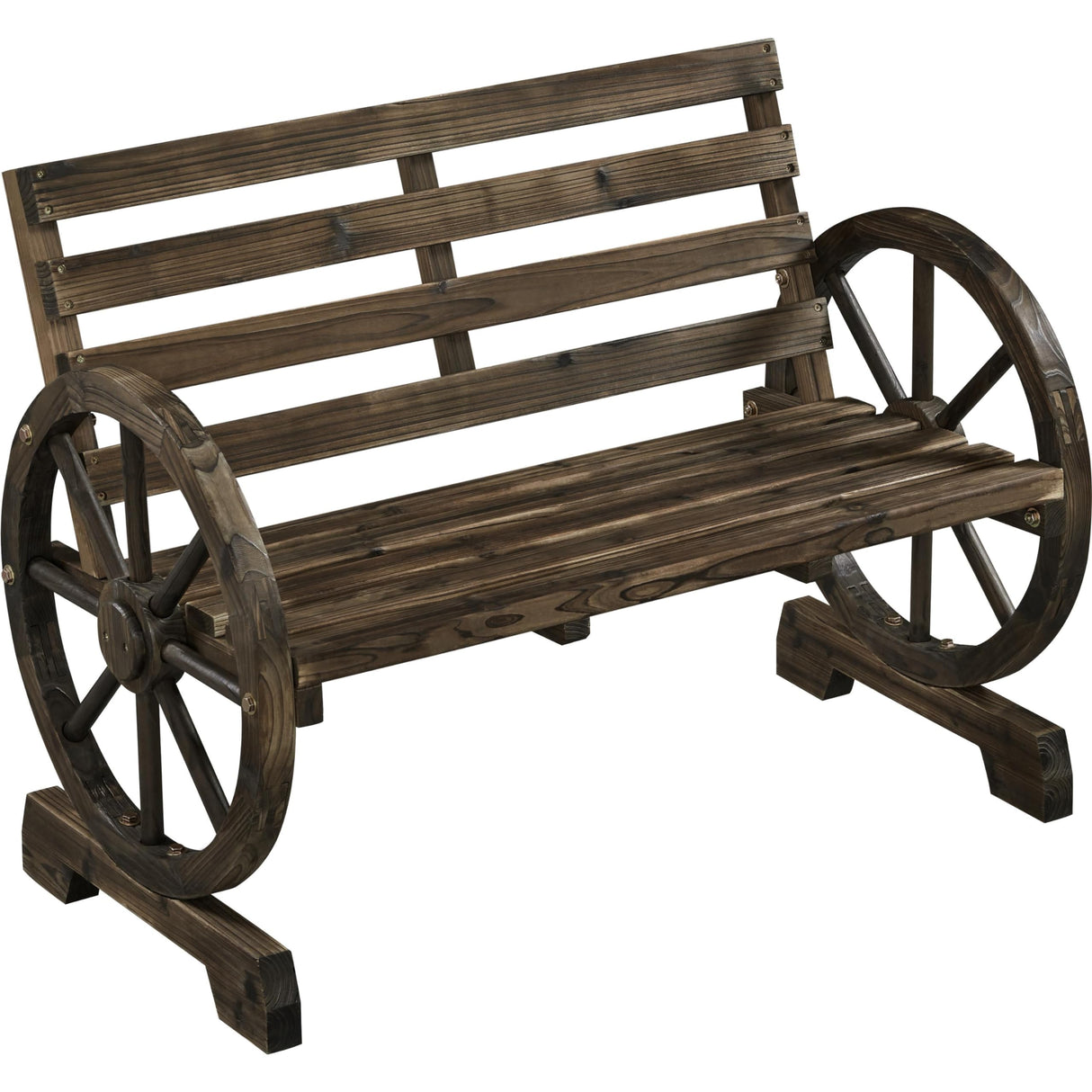 Yaheetech 41in Antique Chariot Wheel Outdoor Bench for 2 - Dark Brown Wooden Garden Furniture Yaheetech