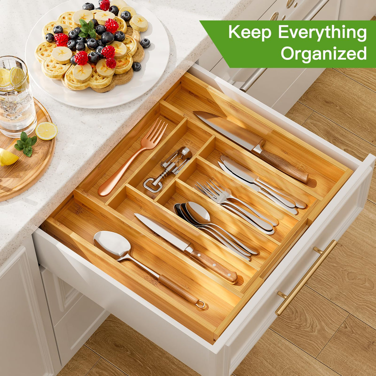 Pipishell Bamboo Expandable Drawer Organizer for Utensils Holder, Adjustable Cutlery Tray, Wood Drawer Dividers Organizer for Silverware, Flatware, Knives in Kitchen, Bedroom, Living Room(M-N) Pipishell