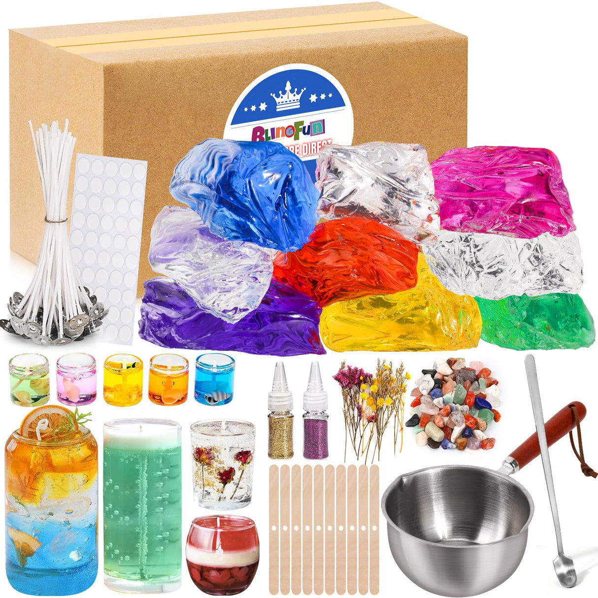 Jelly Candle Making Kit,9pcs Gel Wax -7 Colors Candle Making kit,Includes Wax Wicks Wick Stickers,Wooden Wick Holders and More,DIY Starter Candle Making Kit 2.8LB/45oz Blingfun