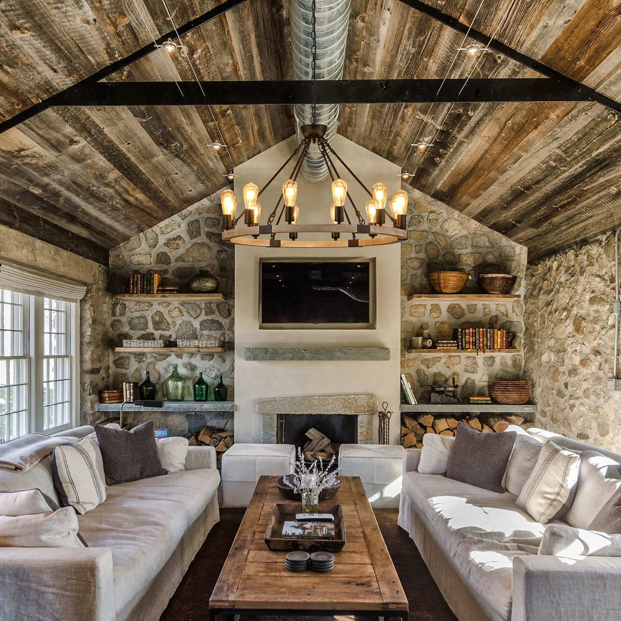 brfaixla 12-Light Wooden Wagon Wheel Chandelier Farmhouse, 31.5'' Black&Cream Colored Chandelier Pendant Light for Living Room, Industrial Rustic Round Wood Chandeliers for Dining Room Entryway Porch brfaixla