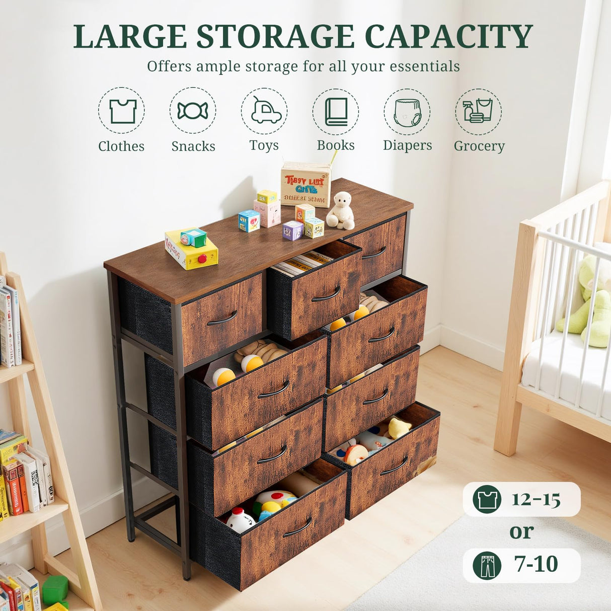 9-Drawer Dresser for Bedroom, Anti-Tip Tall Storage Organizer Chest of Drawers with Wooden Top and Metal Frame Fabric Bins for Closet, Living Room, Hallway, Entryway, Brown SageNest