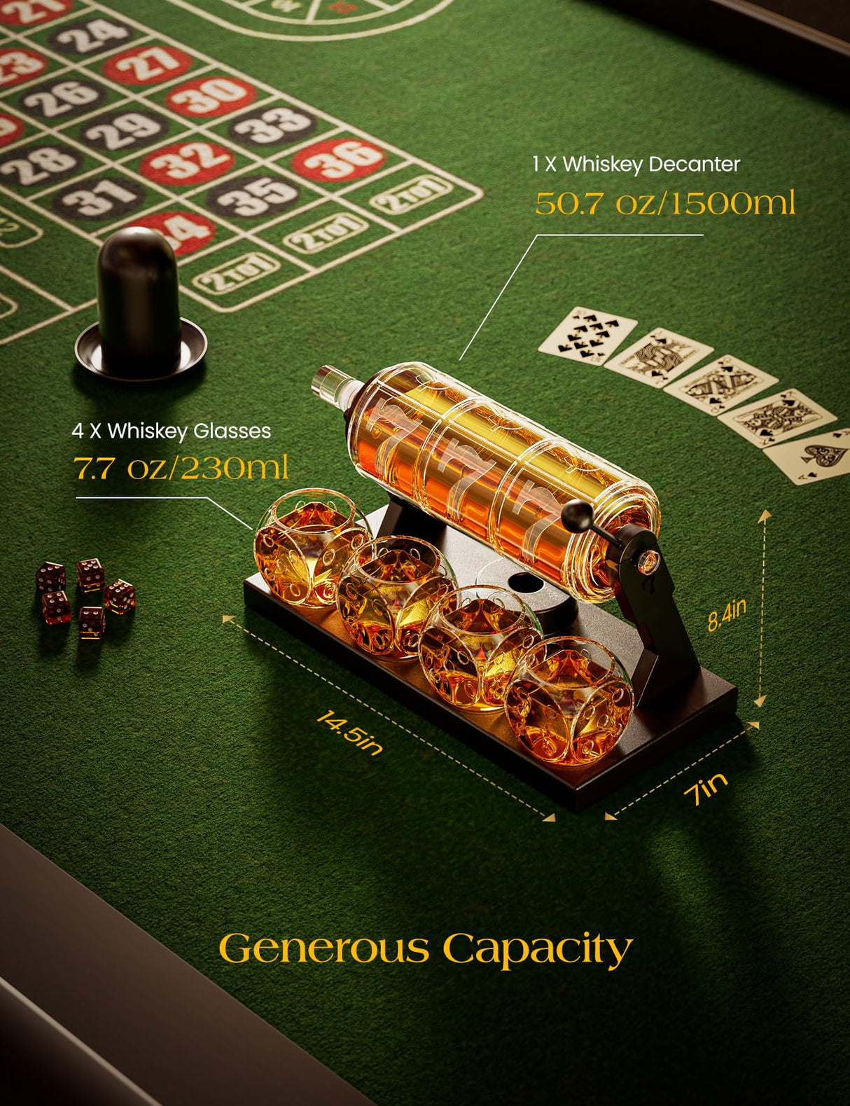 Slot Whiskey Decanter Sets for Men, Kollea 50.7 Oz Whiskey Decanter Set with 4 Dice Glasses, Casino Style Decanter for Bourbon, Gifts for Men Dad, Him, Boyfriend, Guy, Birthday, Anniversary, Valentine Kollea