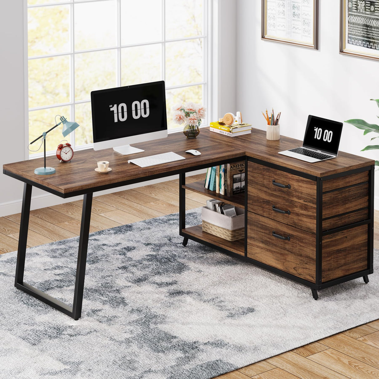 Tribesigns L-Shaped Computer Desk with 3 Drawers, Reversible Corner Home Office Desk with Shelves, 53-Inch Industrial PC Desk Study Writing Table Workstation for Small Space, Rustic Brown Tribesigns