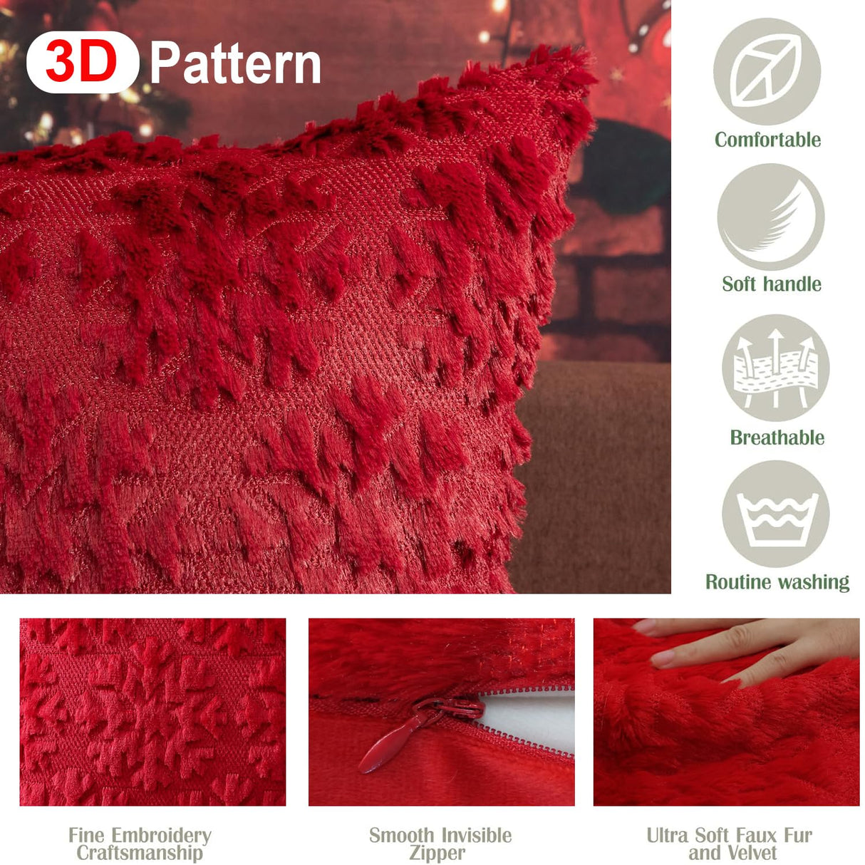 Christmas Pillow Covers 18'' x 18'' Set of 2, Soft Faux Rabbit Fur 3D Embroidery Snowflakes Throw Pillow Covers For Holiday Christmas Decor Sofa, Couch, Party, Invisible Zipper, Skin-Friendly TOYPOPOR