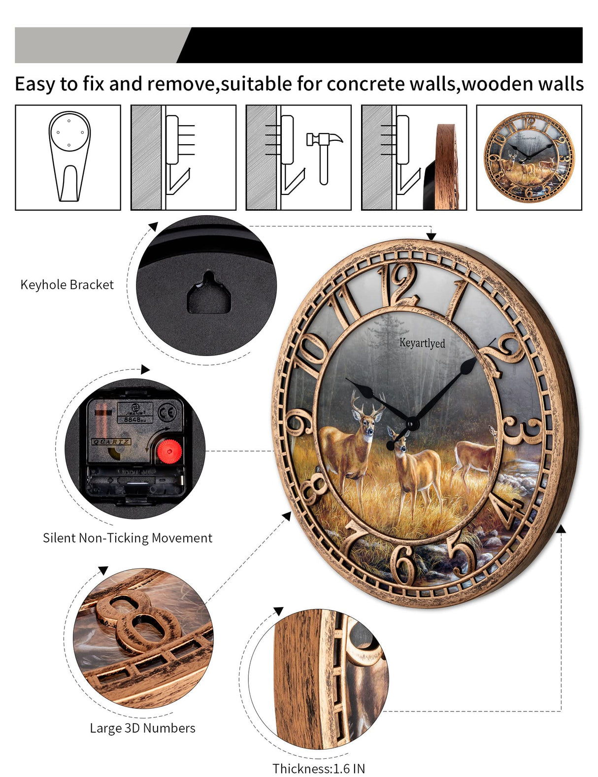 WANGIRO Round Wall Clock Farmhouse Plastic Deer Clock Battery Operated Silent Non-Ticking Rustic Clock 12 Inch for Home Kitchen Living Room Bedroom Office Decor (Antique Copper) WANGIRO