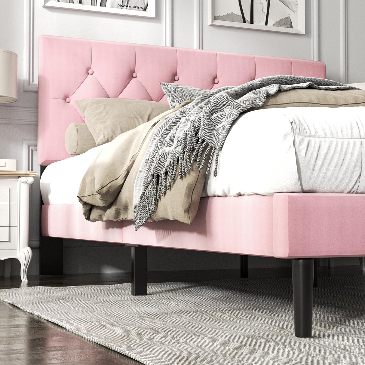 HAOARA Queen Size Platform Bed Frame with Upholstered Button Tufted Headboard, Mattress Foundation with Wooden Slat Support, Noise Free, No Box Spring Needed, Easy Assembly, Pink Velvet HAOARA