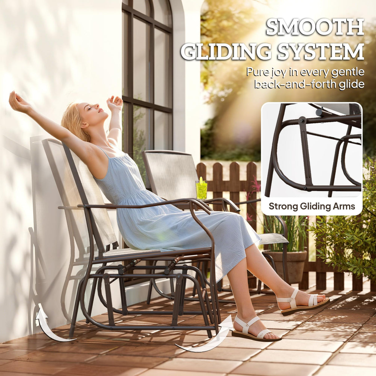 Outsunny Outdoor Glider Chairs with Coffee Table, Patio 2-Seat Rocking Chair Swing Loveseat with Breathable Sling for Backyard, Garden, and Porch, Light Brown Outsunny