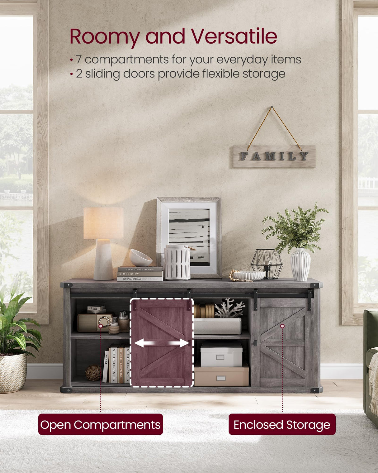 VASAGLE TV Stand for TVs up to 65 Inches, Farmhouse Entertainment Center with Sliding Barn Doors, TV Console Table for Living Room, Misty Gray ULTV324G68 VASAGLE