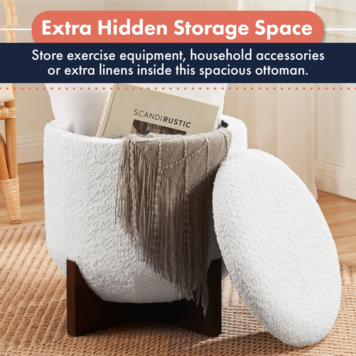 Ornavo Home Decor Round Ottoman with Storage, Boucle White Teddy Round Vanity Chair Stool Ottoman Pouf with Storage for Living Room and Bedroom Ornavo Home