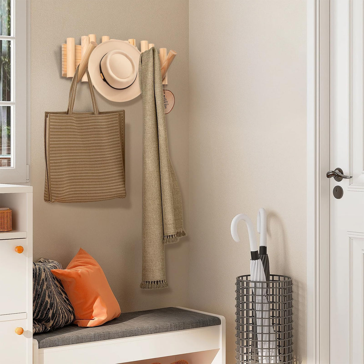 zQSFP Coat Rack Wall Mount with 5 Foldable Hooks – Space-Saving Natural Wood Storage Organizer for Entryway, Bedroom, or Office – Sleek Design, Easy Installation (Big Nature) zQSFP