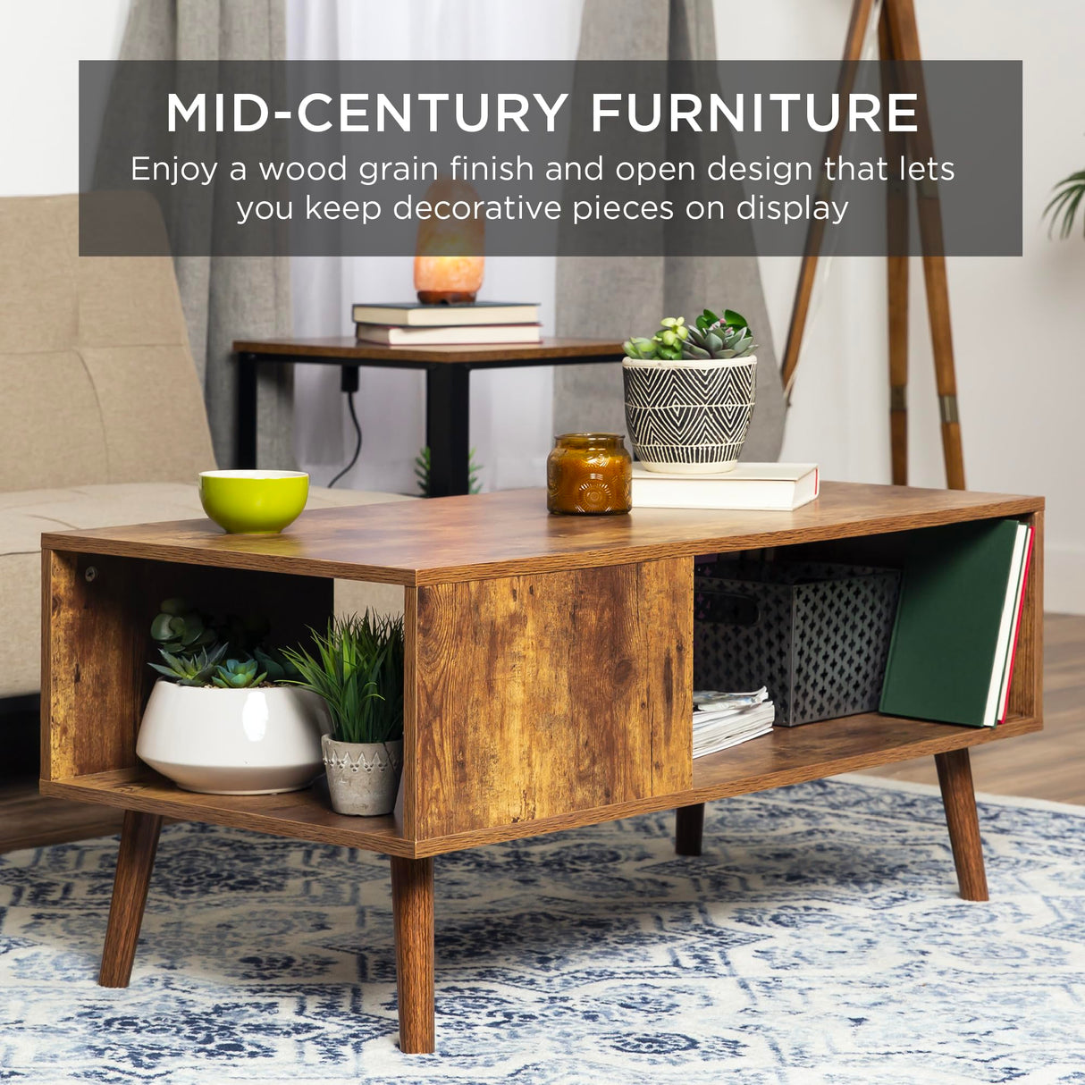 Best Choice Products Wooden Mid-Century Modern Coffee Table, Accent Furniture for Living Room, Indoor, Home Décor w/Open Storage Shelf, Wood Grain Finish - Brown Best Choice Products
