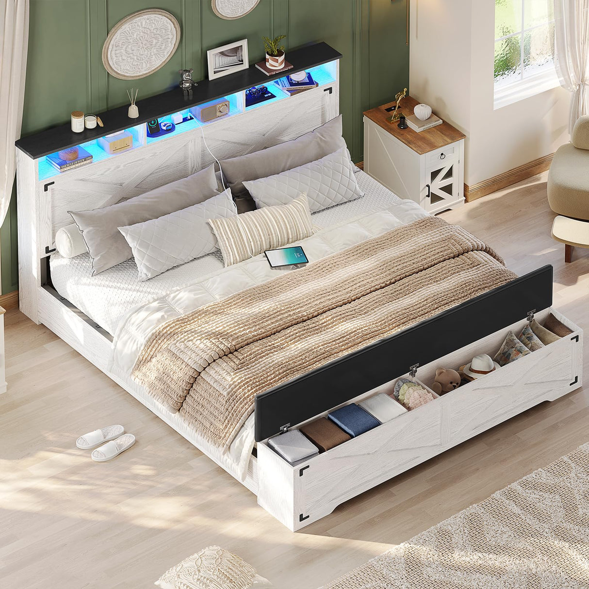 Hasuit Queen Size Bed Frame with Storage Ottoman, Farmhouse Bed Frame with Charging Station and Led Light, Headboard with Storage Rack, Metal Slats, No Noise Design, No Box Spring Needed,Walnut White Hasuit