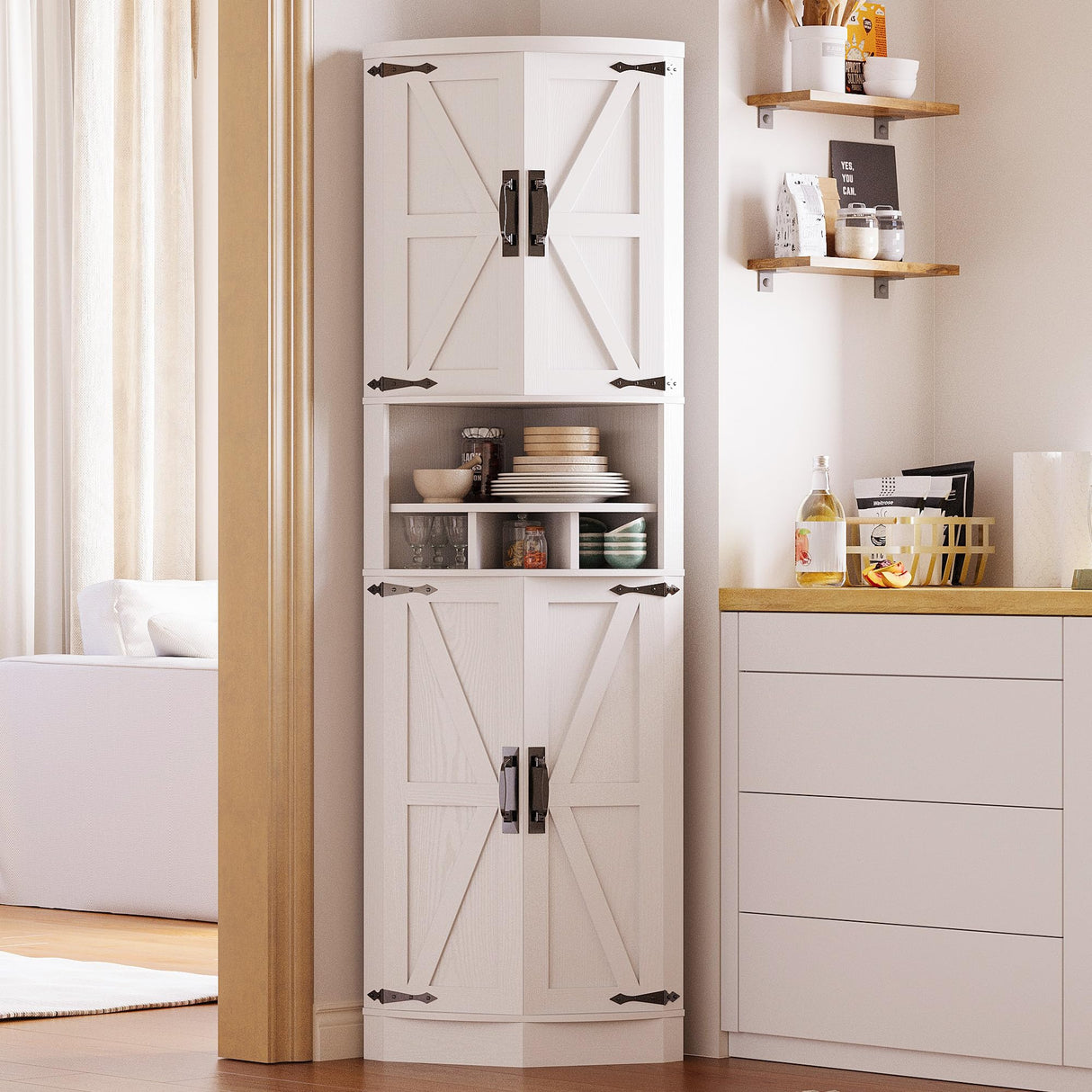 IRONCK Tall Corner Cabinet with 3 Wine Racks, Farmhouse Storage Cabinet with 4 Doors and Adjustable Shelves, Barn Door Design, Corner Bar Cabinet for Living Room, Kitchen, Laundry Room White IRONCK