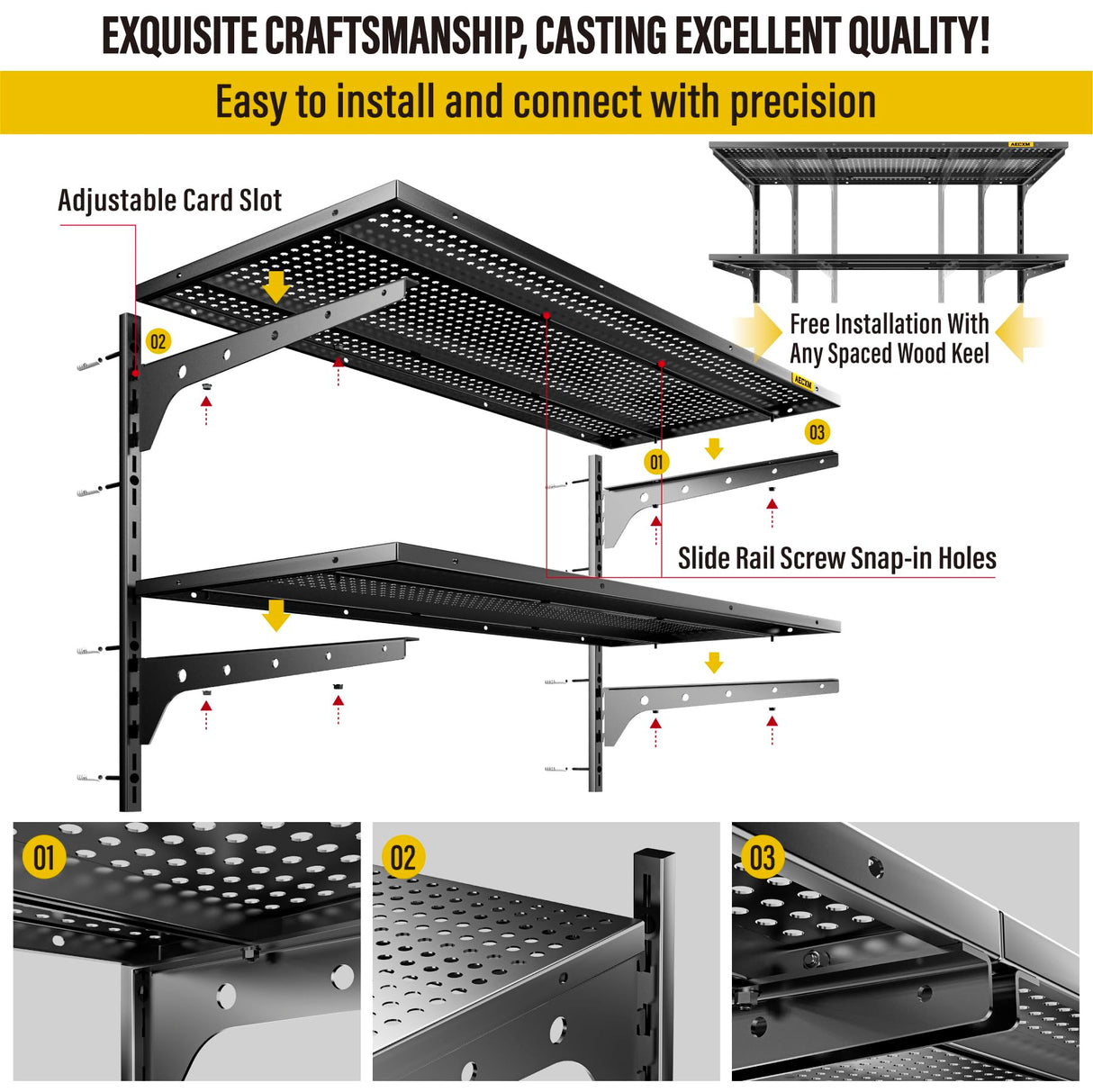 Aecxm 1pack×2 Tier 1.3x3ft Garage Shelving Wall Mounted, 400 lbs Load Capacity,15.6x36inch per Shelf Height Cassette Adjustable Floating Shelves, Black Aecxm