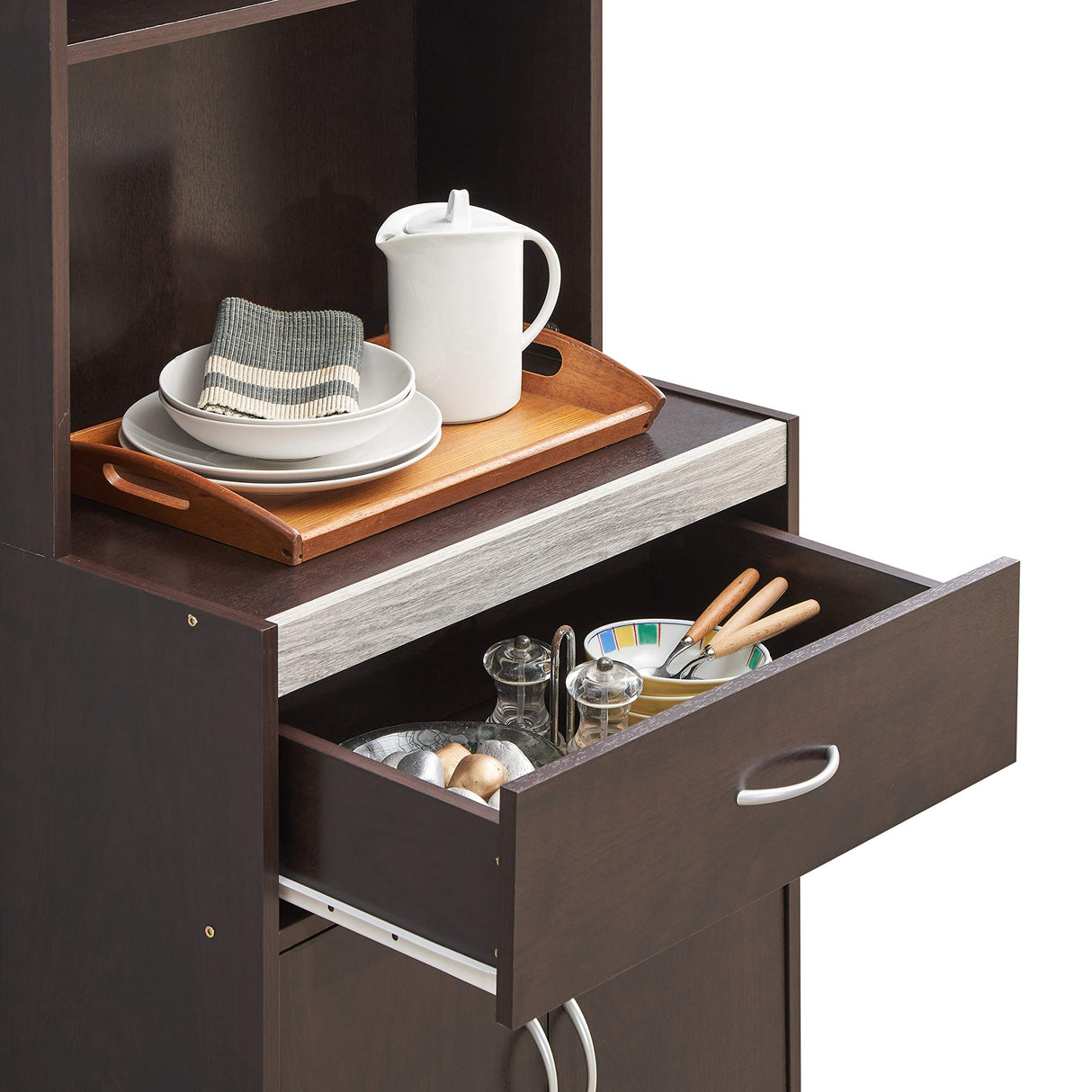 Hodedah 54"" Tall Open Shelves, 1-Drawer and Bottom Enclosed Storage, Chocolate-Grey Kitchen Cabinet Hodedah