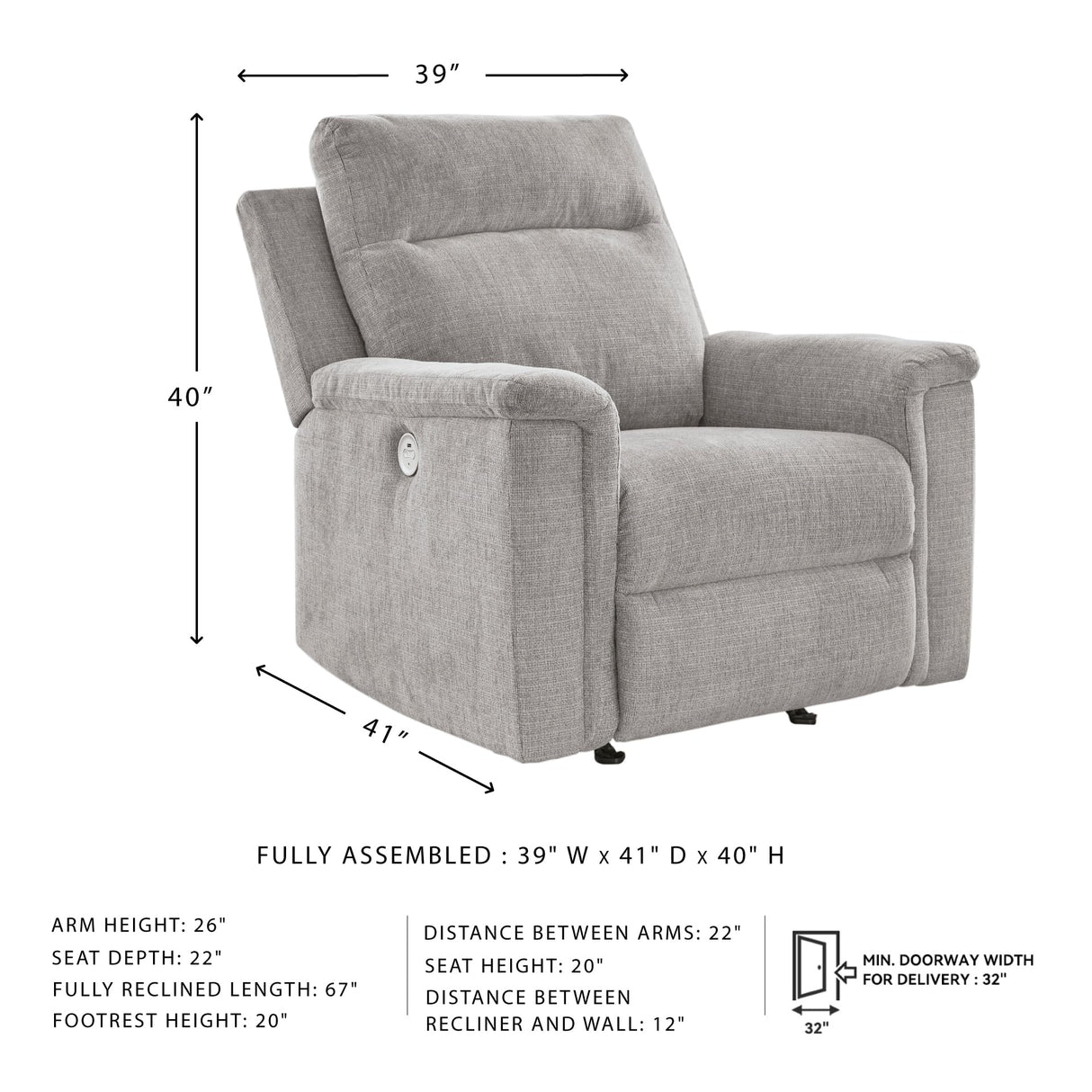 Signature Design by Ashley Barnsana Casual Power Recliner with Rocking Motion and USB Port, Light Gray Signature Design by Ashley