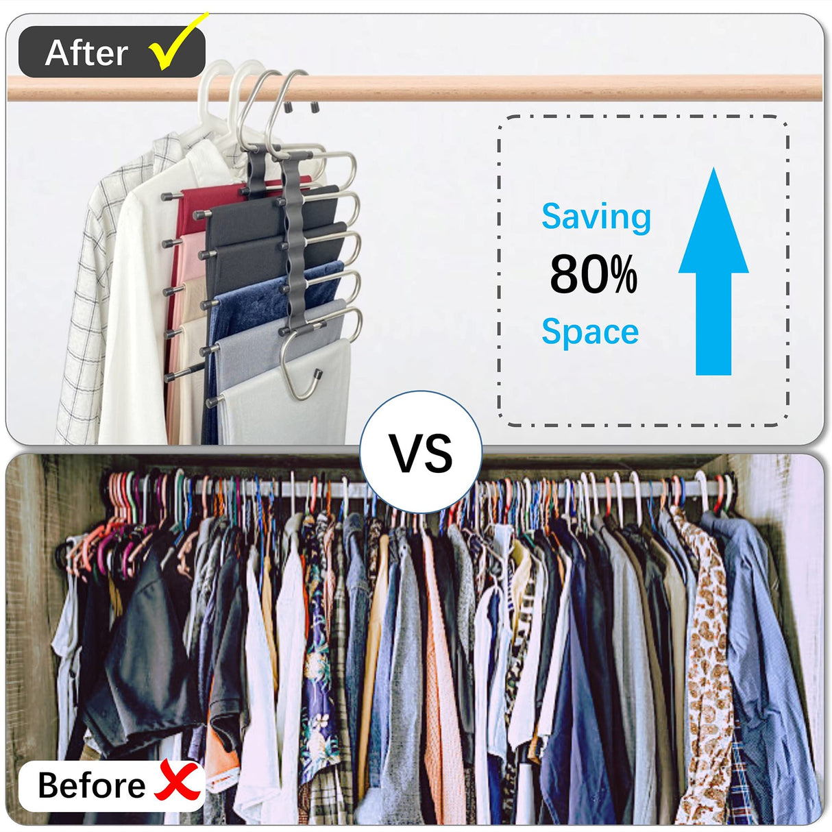 Magic Pants Hangers Space Saving - 2 Pack for Closet Multiple Layers Multifunctional Uses Rack Organizer for Trousers Scarves Slack (2 Pack with 10 Metal Clips) FeeraHozer