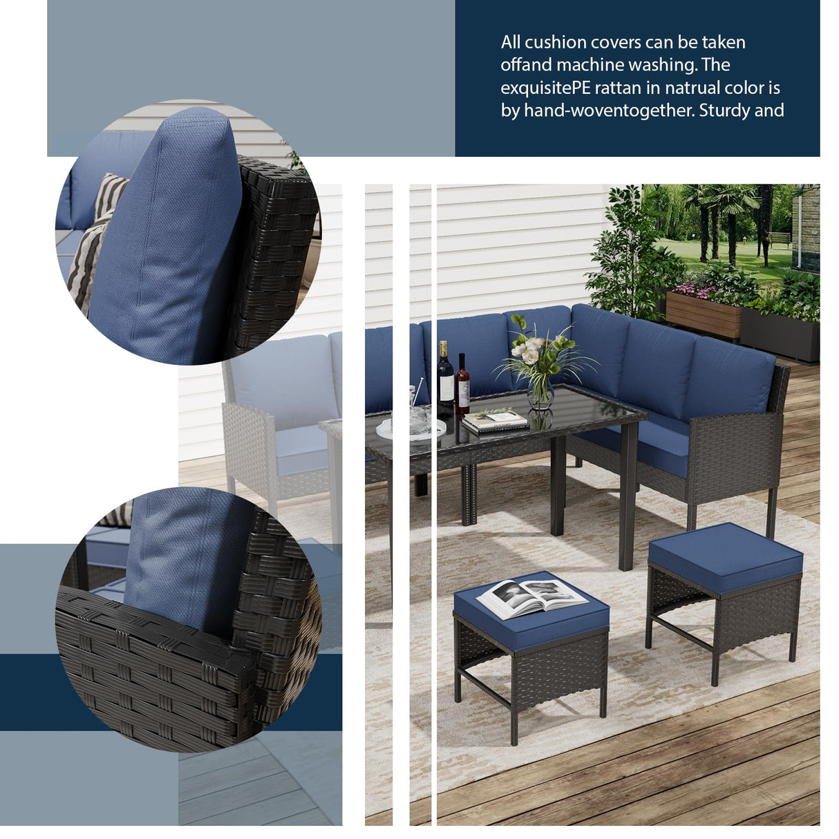 Temminkii 7 Piece Outdoor Dining Set, All-Weather Patio Furniture with Seat & Back Cushions, Conversation Sectional Sofa Set with Long Glass Coffee Table for Garden, Porch, Lawn, Blue Temminkii