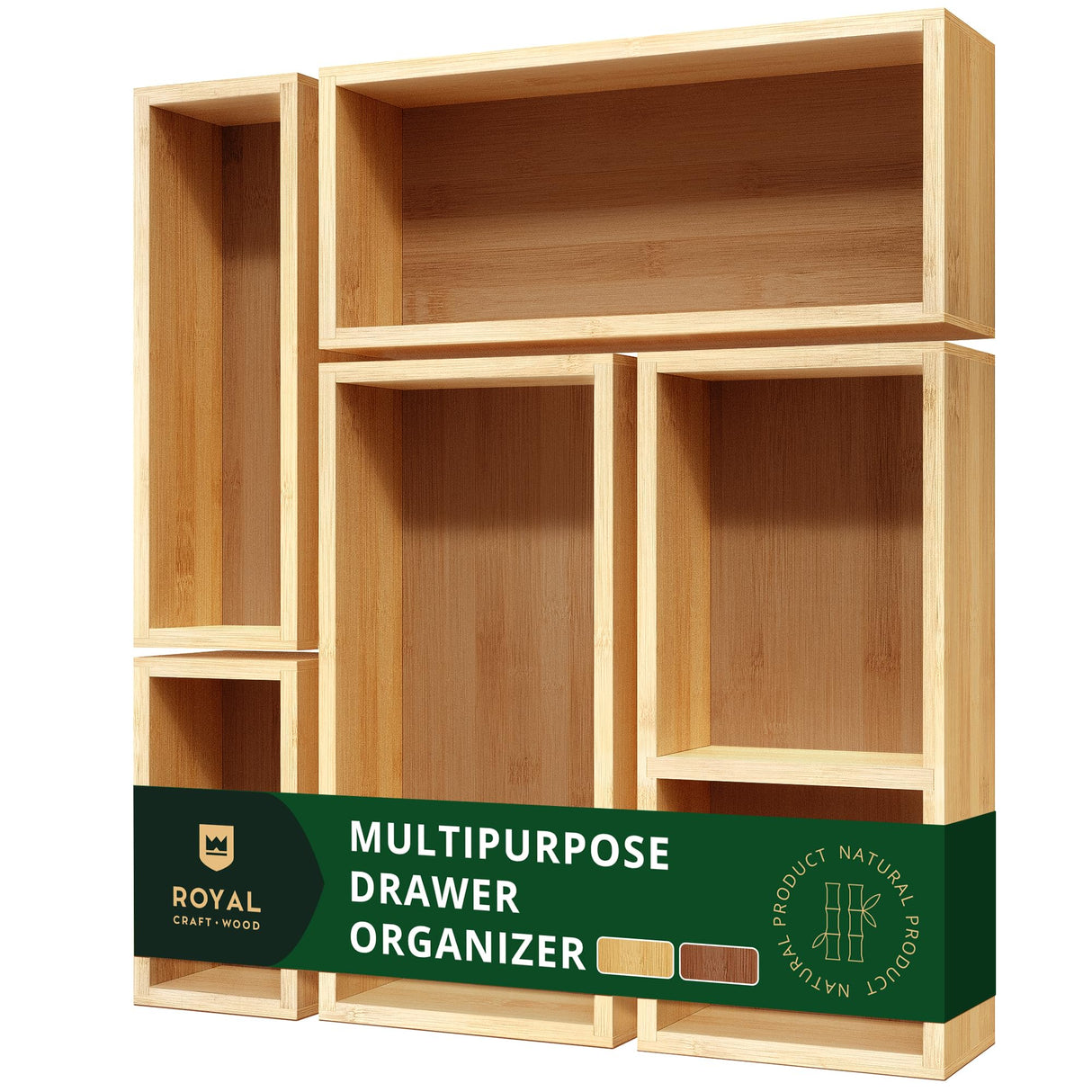 ROYAL CRAFT WOOD 5-Piece Bamboo Drawer Organizer Set โ Multi-Use Storage Trays for Kitchen, Bathroom, Office, Makeup, Jewelry & More โ Junk Drawer Tray, Utensil Holder, Storage Box & Bin Set (5 Boxes) ROYAL CRAFT WOOD