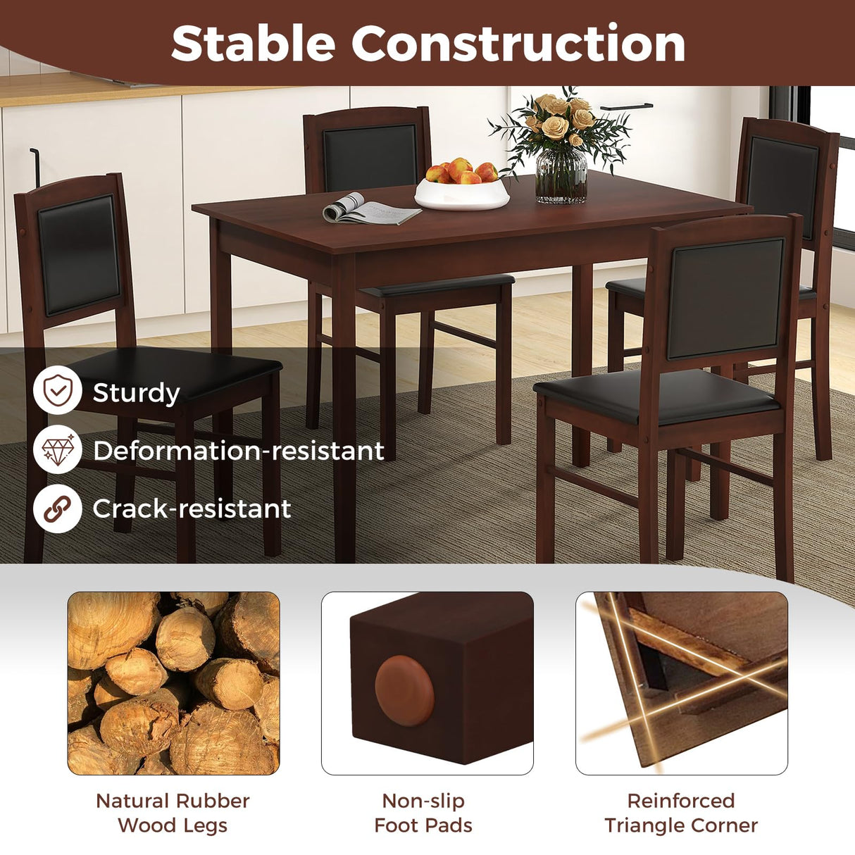 POWERSTONE Farmhouse Wood Dining Table Set for 4, Space-Saving Kitchen Table 4 Chairs Paded PU Leather, Rectangular 5 Piece Dining Table Set 4 Rubberwood Legs Chairs for Kitchen Indoor Dinner (Brown) POWERSTONE