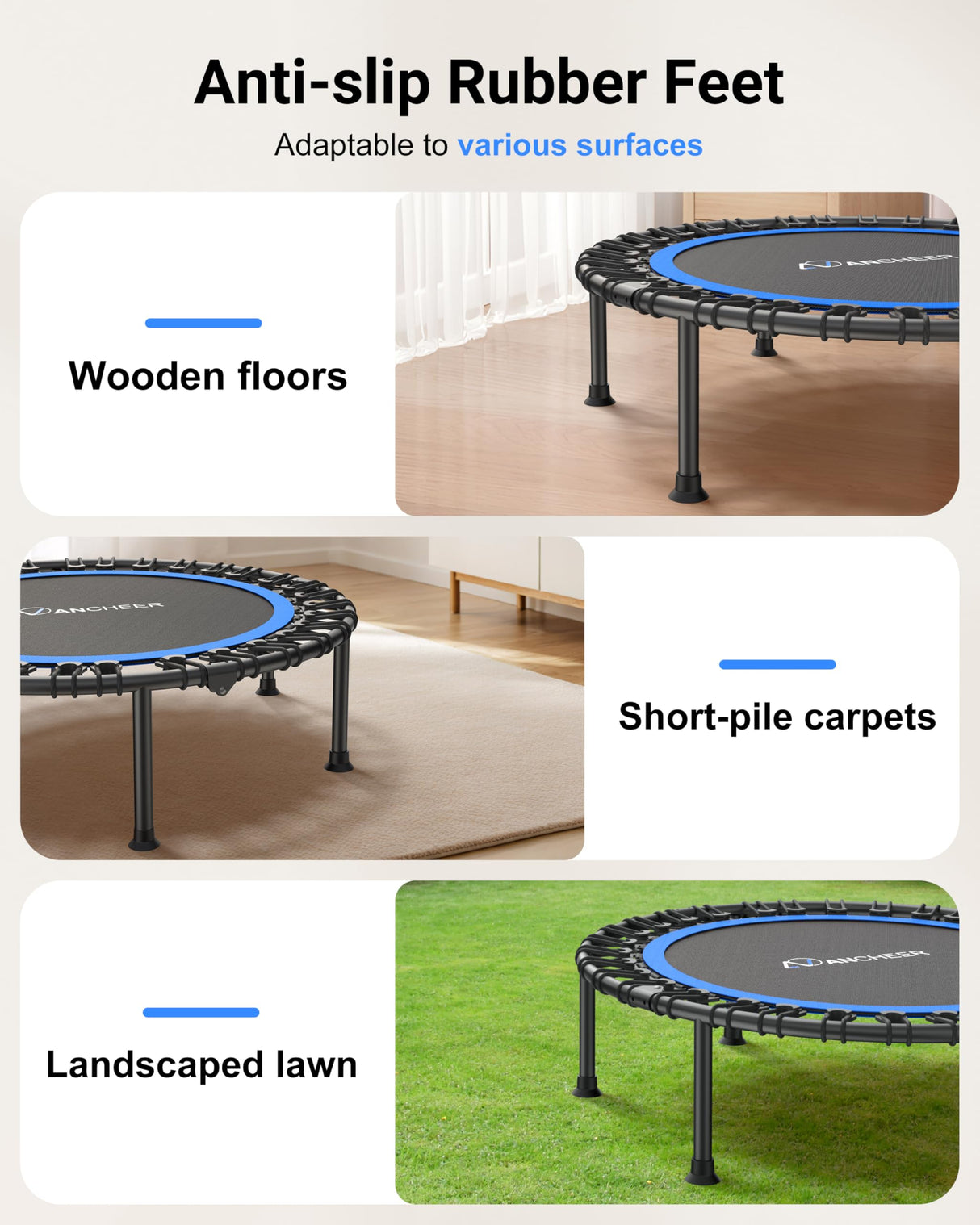 ANCHEER 40" Foldable Rebounder Trampoline for Adults/Kids with Resistance Bands and Bungees, Fitness Home, Indoor & Outdoor Mini Trampoline with Bar and Safety Padding - Max Load 330lbs (Blue) ANCHEER