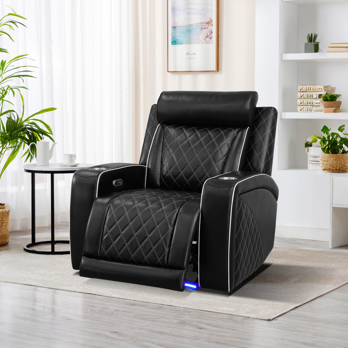 Breathing Leather Power Recliner Sofa Set Living Room Furniture Reclining Couch with LED Light/Cup Holder/USB Ports for Home Theater (3 Piece Leather Couch, Black) Plithzy