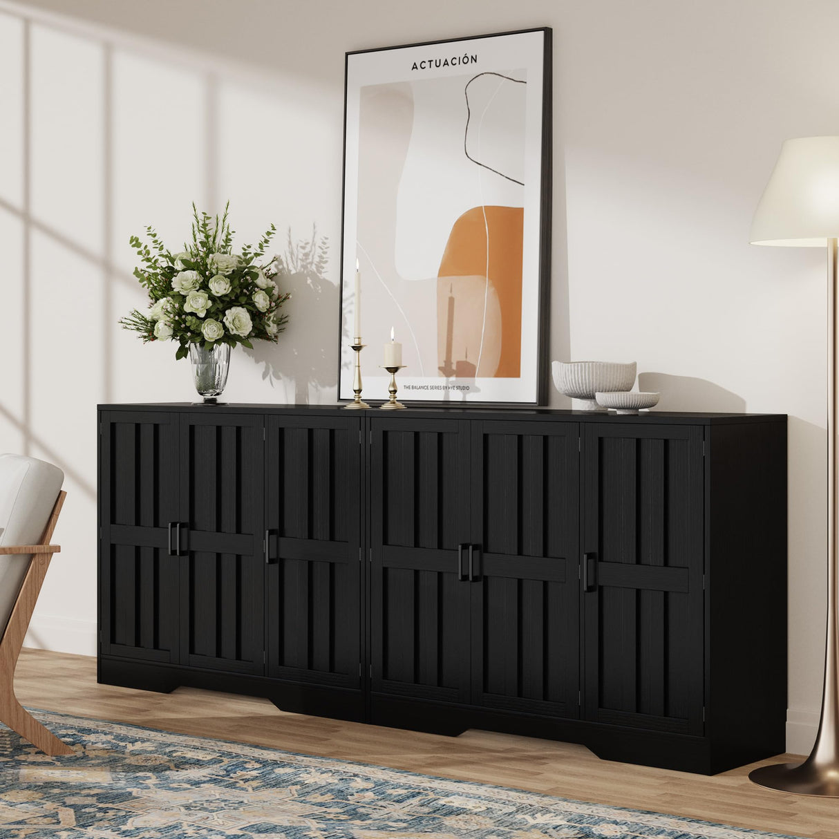 Modern Farmhouse Buffet Cabinet with Storage, 42" Large Sideboard Storage Cabinet with 3 Barn Doors, Coffee Wine Bar Cabinet Wood Table Credenza with Adjustable Shelf for Kitchen Dining Living Room Vividwood