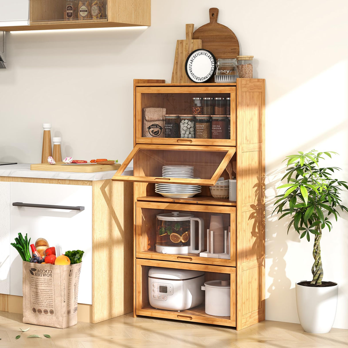 Giantex 4-Tier Bookcase with Clear Doors, 55" Bamboo Bookshelf with Flip-up Acrylic Doors, Freestanding Cube Storage Organizer with Shelves, Wooden Display Cabinet for Living Room, Study (Natural) Giantex