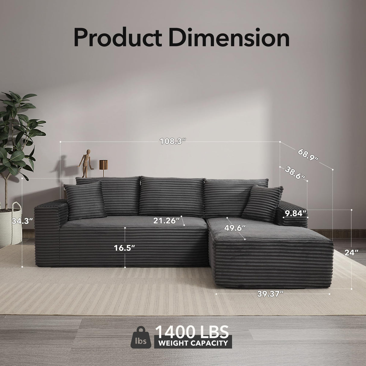 108" Cloud Sectional Couch with L-Shape Chaise, Modern Modular Sofa with Deep Seat, Boneless Cloud Couches for Living Room Bedroom, No Assembly Required, Plush Corduroy (Dark Gray, Right Facing Chaise ElfinAura