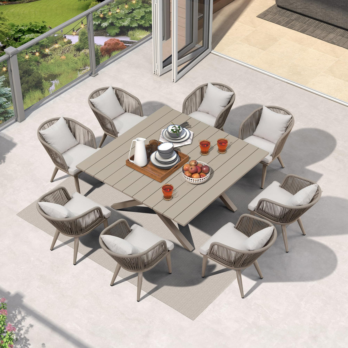 PURPLE LEAF 9 Pieces Outdoor Metal Furniture Set Patio Conversation Sets Dining Set, 1 Square Dining Table and 8 Modern Chairs with Cushions Seat Champagne PURPLE LEAF