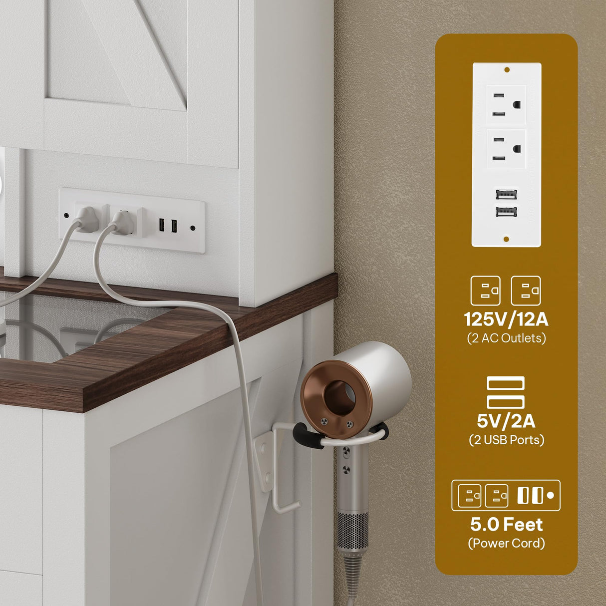 YITAHOME Farmhouse Makeup Vanity Desk with Mirror and Lights, Retro Big Vanity Table Set with Charging Station, Makeup Desk with 2 Drawers & 2 Cabinets, 10 Dimmable Light Bulbs, for Bedroom, White YITAHOME