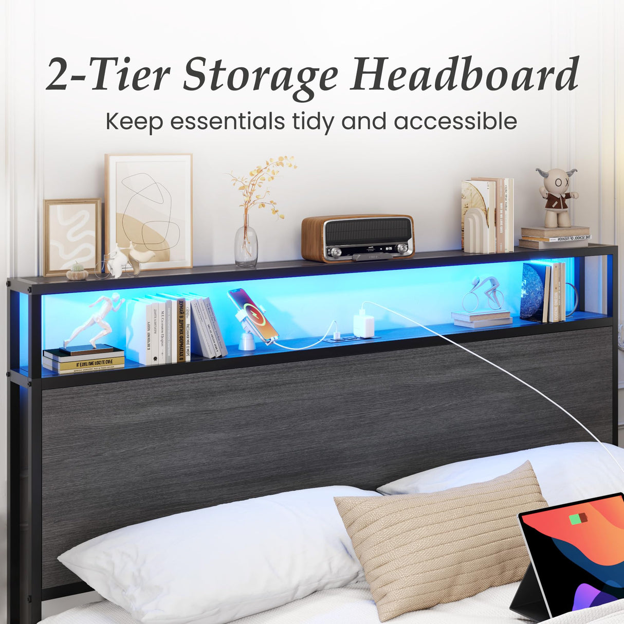Lifezone Queen Bed Frame with 2-Tier Storage Headboard, Metal Bed Frame with Storage Drawers & Built-in Charging Station & LED, Noise-Free, No Box Spring Needed, Easy Assembly, Rustic Grey Lifezone
