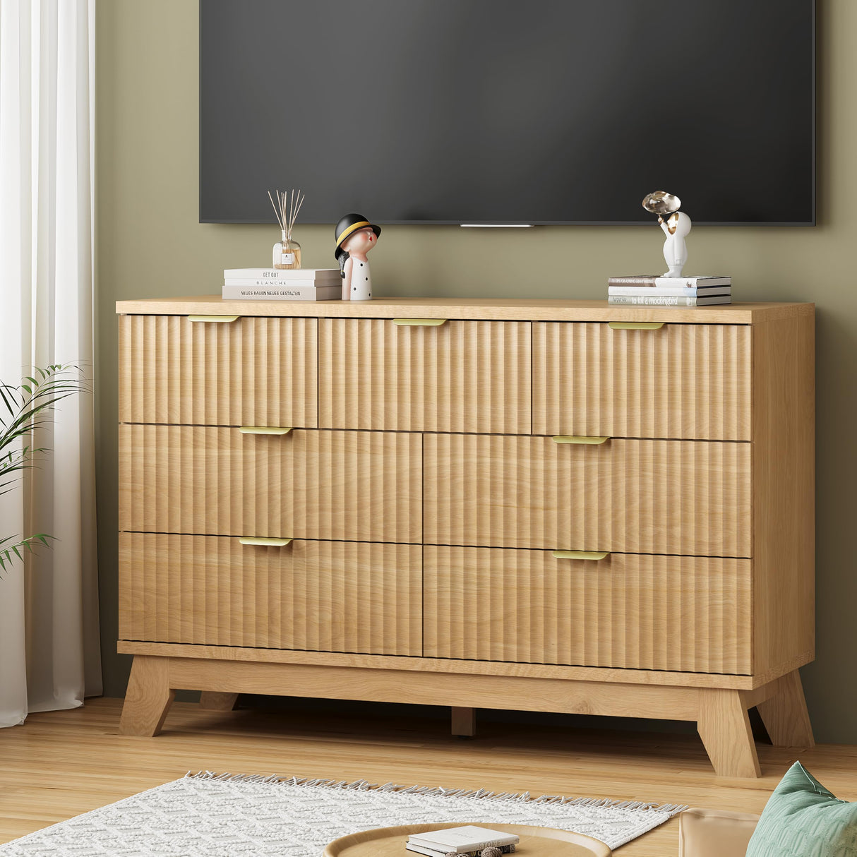 Fluted Dresser for Bedroom with 7 Drawers, 48" Wide Modern Chest of Drawers with Metal Handle, Wood Dresser TV Stand, Wooden Closet Clothes Storage Organizer for Living Room, Hallway, Natural Oak Xixini