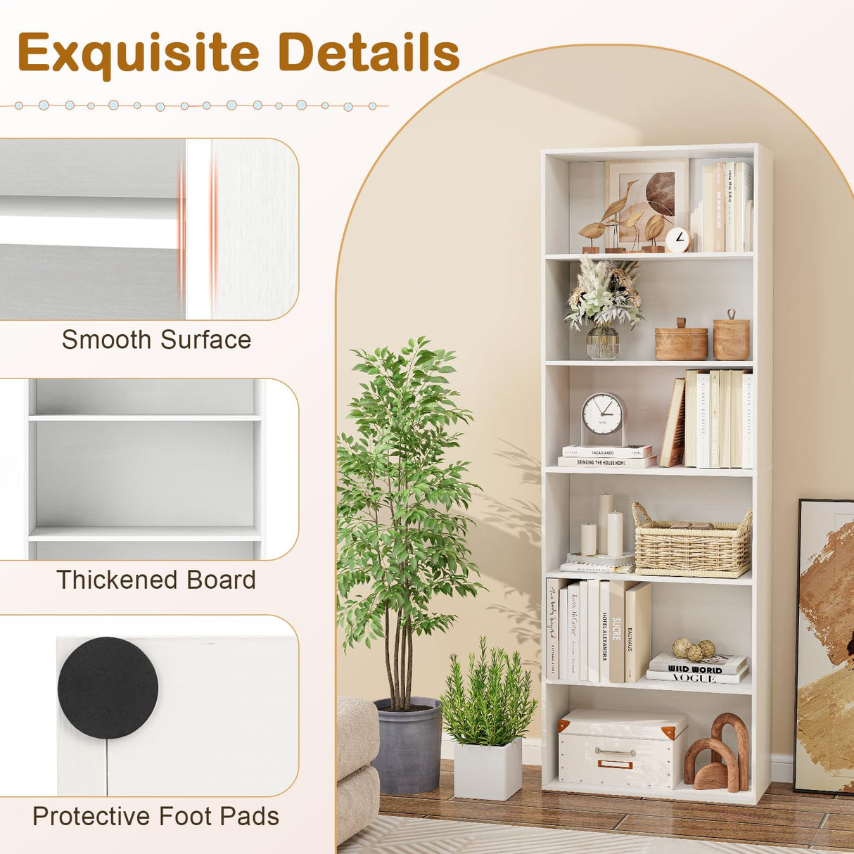 SILKYDRY 6-Tier Bookcase, Wooden Bookshelves and Bookcases, Floor Standing Open Display Storage Organizer Shelves, 70" Tall Bookshelf for Bedroom Living Room Office (1, White) SILKYDRY